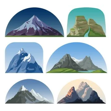 Cartoon mountain side vector landscapes. Outdoor hill tops isolated collection Stock Illustration