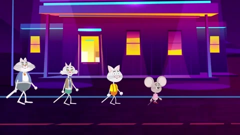 Cartoon. A mouse and 3 cats go to the right. Background of the city Stock Footage 276181563