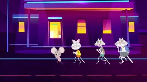Cartoon, Mouse and 3 cats walk funny. Background of the night city. Video Stock Footage 276181571