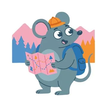 Cartoon Mouse Hiker with Map Иллюстрация