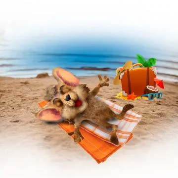 Cartoon mouse sunbathes on the beach by the sea. Stock Illustration