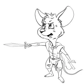 Cartoon mouse with a sword. Drawing style black on white. Stock Illustration