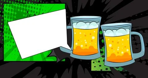 Cartoon Mug of Beer with blank speech bubble, comic book alcohol background.. Stock Illustration