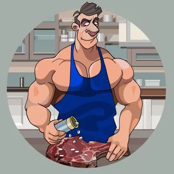 Cartoon muscular bodybuilder man preparing meat with pills Stock Illustration