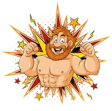 Cartoon Muscular Man Flexing with Comic Burst Background Stock Illustration