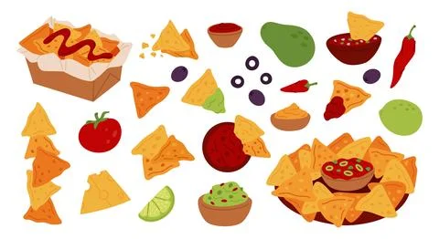 Cartoon nachos. Corn chips, triangular dry snacks, different sauces and Stock Illustration