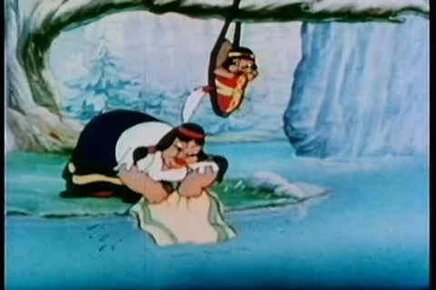 Cartoon of Native American washing clothes in river Stock Footage