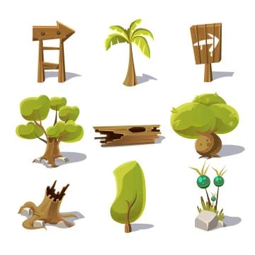 Cartoon nature elements, vector objects on white background Stock Illustration