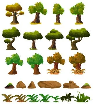 Cartoon nature landscape elements set, trees, stones and grass clip art Illustrazione stock