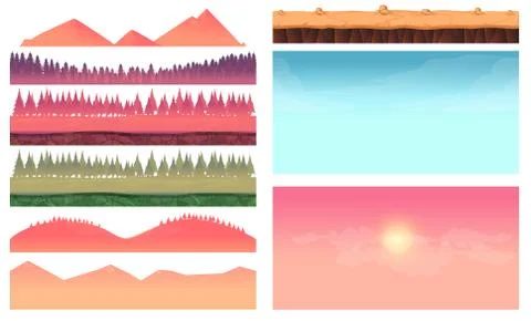 Cartoon nature landscape elements set, platform, trees, sky, hills and forest Stock Illustration