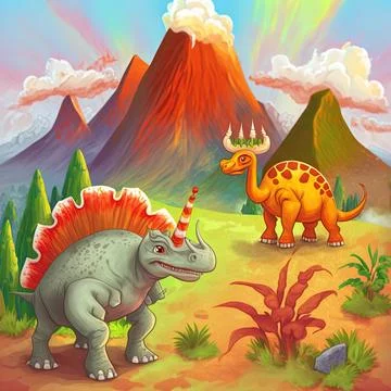 Cartoon nature scene with active volcano and standing triceratops Stock Illustration