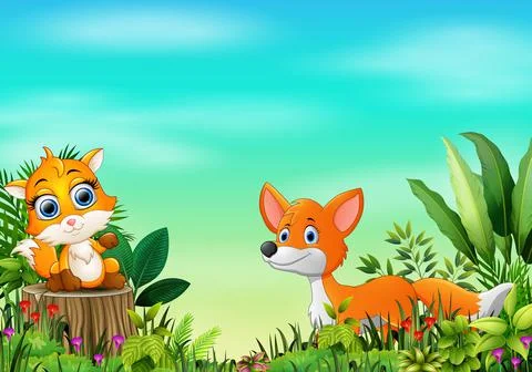 Cartoon of the nature scene with two fox Stock Illustration