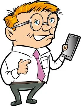 Cartoon nerd with hand held computer Stock Illustration