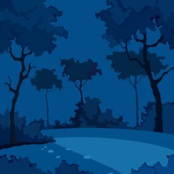 Cartoon night background of forest with deciduous trees Stock Illustration