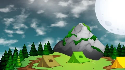 Cartoon Night Camping Scene with Drifting Clouds and Full Moon Stock Footage 339988780
