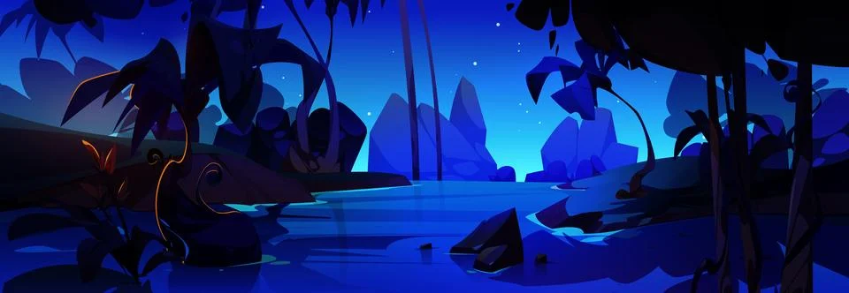 Cartoon night river in forest vector background Stock Illustration