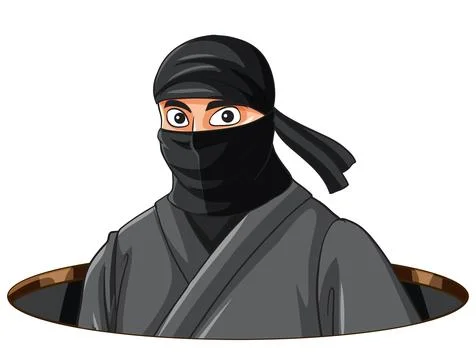 Cartoon Ninja Character Emerging from a Dark Circular Hole Stock Illustration