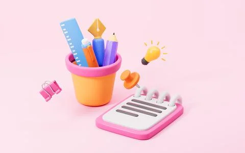 Cartoon notepad and various stationery in the pink background, 3d rendering. Stock Illustration