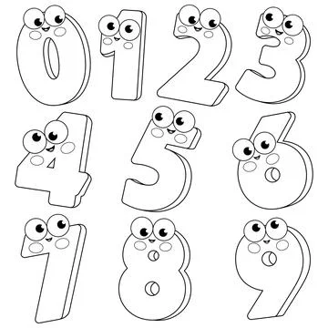 Cartoon number characters. Vector black and white coloring page. Stock Illustration