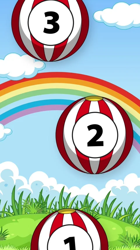Cartoon Numbered Beach Balls Falling Over Rainbow and Meadow Background Stock Footage 342320304
