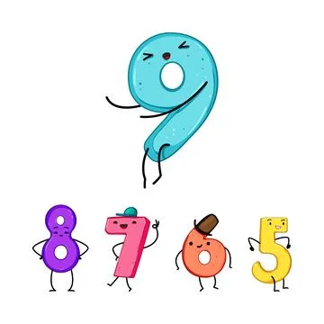 Cartoon numbers 9, 8, 7, 6, 5 having fun jumping and posing Stock Illustration