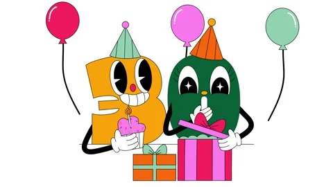 Cartoon numbers three and zero get anniversary gifts, 30th birthday greeting Stock Footage 268814556