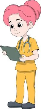 Cartoon Nurse Checking Patient Data on Tablet Stock Illustration