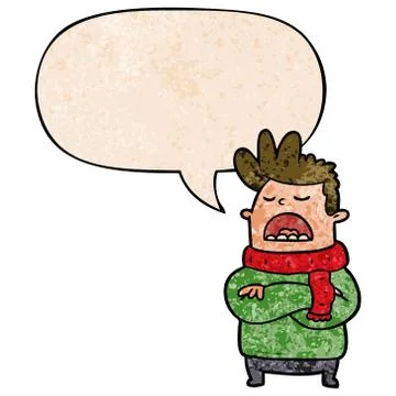 Cartoon obnoxious man in winter clothes and speech bubble in retro texture st 스톡 일러스트