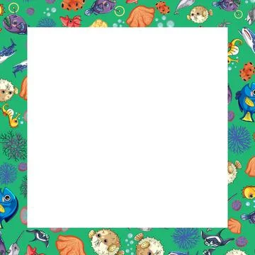 Cartoon Ocean Animal Seamless Pattern Border with White Copy Space Stock Illustration