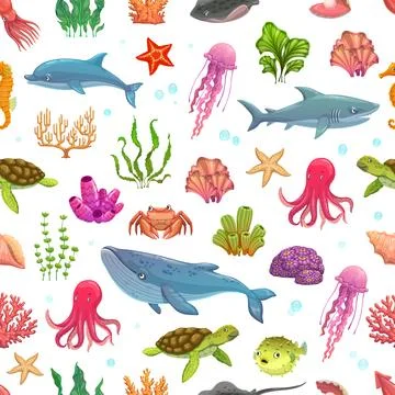 Cartoon ocean animals and fish seamless pattern Stock Illustration