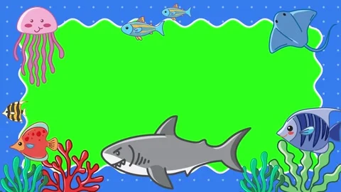 Cartoon Ocean Animals Underwater Border Frame with Green Screen Video stock 345705174
