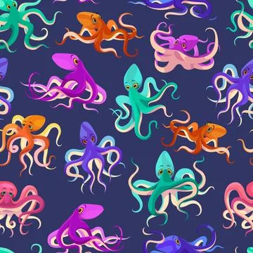 Cartoon octopus seamless pattern. Colorful underwater animals, tentacles with Stock Illustration