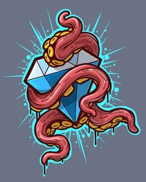 Cartoon octopus tentacles with diamond Stock Illustration