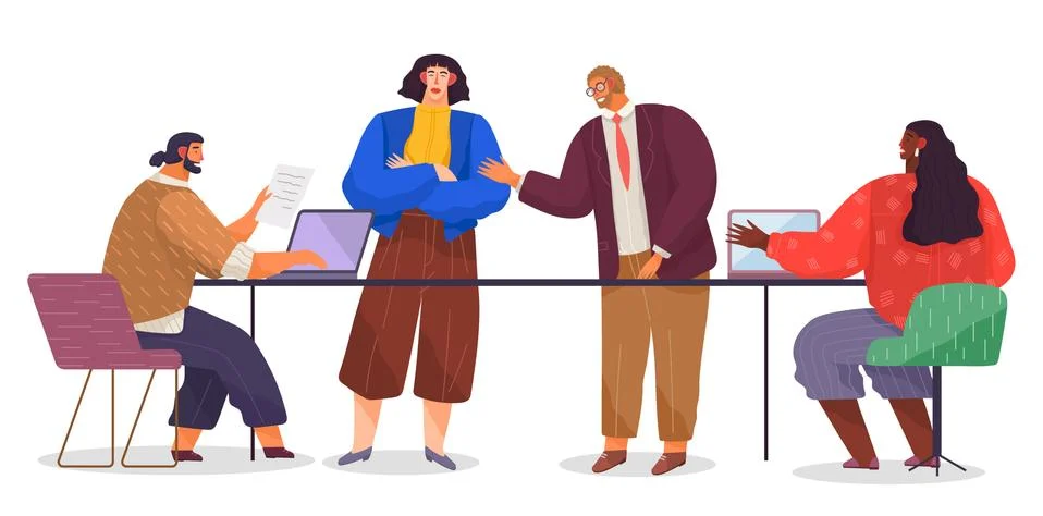 Cartoon office workers in progress. Man and woman with laptops. Head and Illustrazione stock