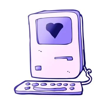 Cartoon old computer with love heart in bright neon color Stock Illustration