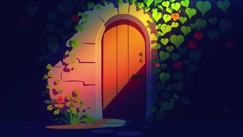 Cartoon old door covered with leaf video Stock Footage 303256060