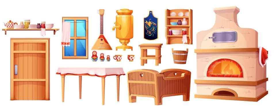 Cartoon old interior kitchen elements of the Russian hut Stock Illustration