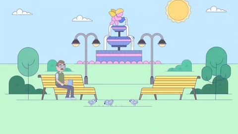 Cartoon Old Man Sitting On Bench At City Park Enjoying Nature Vídeos de archivo 305236247
