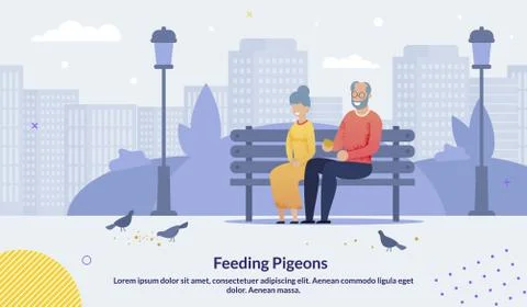 Cartoon Old Senior Couple Feeding Pigeons Poster Stock Illustration