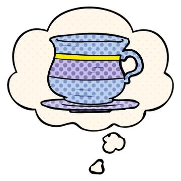 Cartoon old tea cup and thought bubble in comic book style Stock Illustration