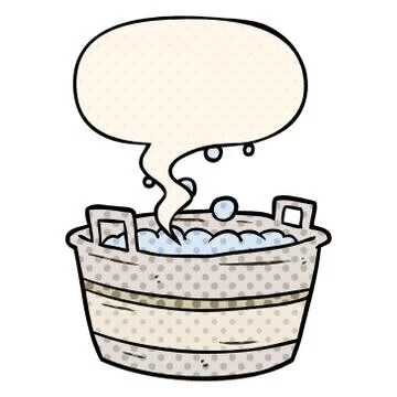 Cartoon old tin bath full of water and speech bubble in comic book style Stock Illustration