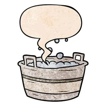 Cartoon old tin bath full of water and speech bubble in retro texture style Stock Illustration