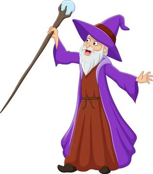 Cartoon old wizard holding magic stick Stock Illustration