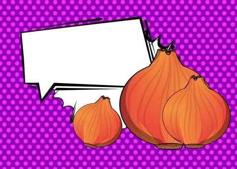 Cartoon Onion with blank speech bubble, comic book vegetable background. Re.. Stock Illustration