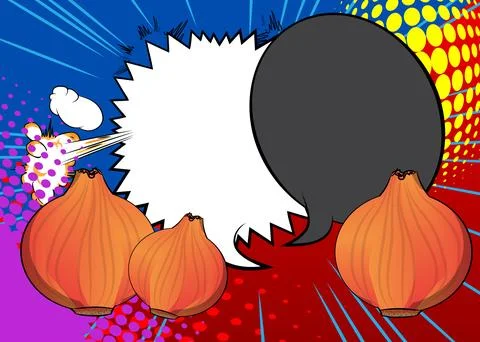 Cartoon Onion with blank speech bubble, comic book vegetable background. Re.. Illustrazione stock