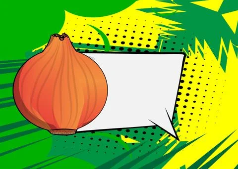 Cartoon Onion with blank speech bubble, comic book vegetable background. Re.. Illustrazione stock