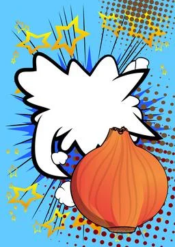 Cartoon Onion with blank speech bubble, comic book vegetable background. Re.. Stock Illustration
