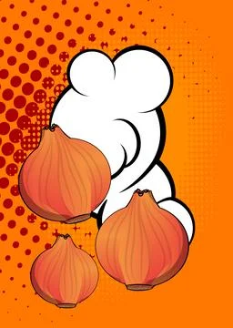 Cartoon Onion with blank speech bubble, comic book vegetable background. Re.. Illustrazione stock