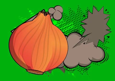 Cartoon Onion, comic book vegetable. Retro vector comics pop art design. 스톡 일러스트