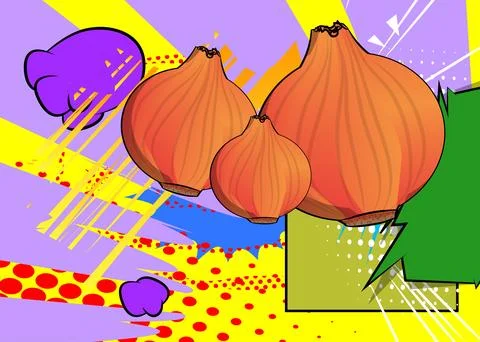 Cartoon Onion, comic book vegetable. Retro vector comics pop art design. イラスト素材
